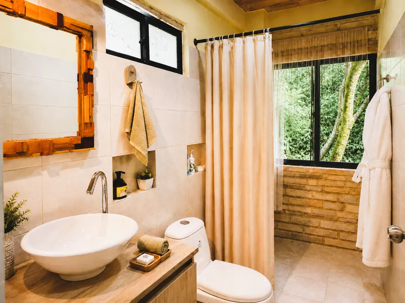 Bathroom with a vessel sink, shower curtain and a window onto the trees
